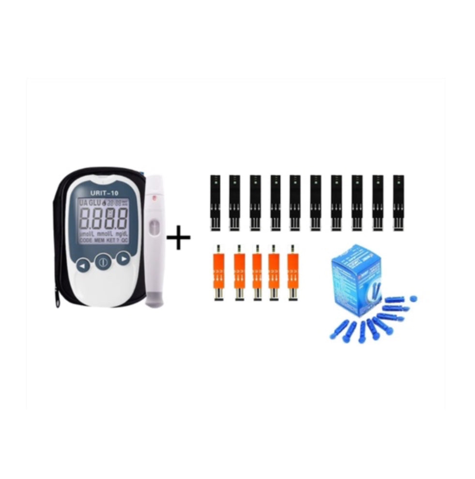 (URIT 10) Dual Blood Glucometer and Uric Acid Monitoring Set (Meter with Lancet Pen, 10 pcs. Glucose and 5 pcs. Uric Acid. Strips and 25 Lancets)