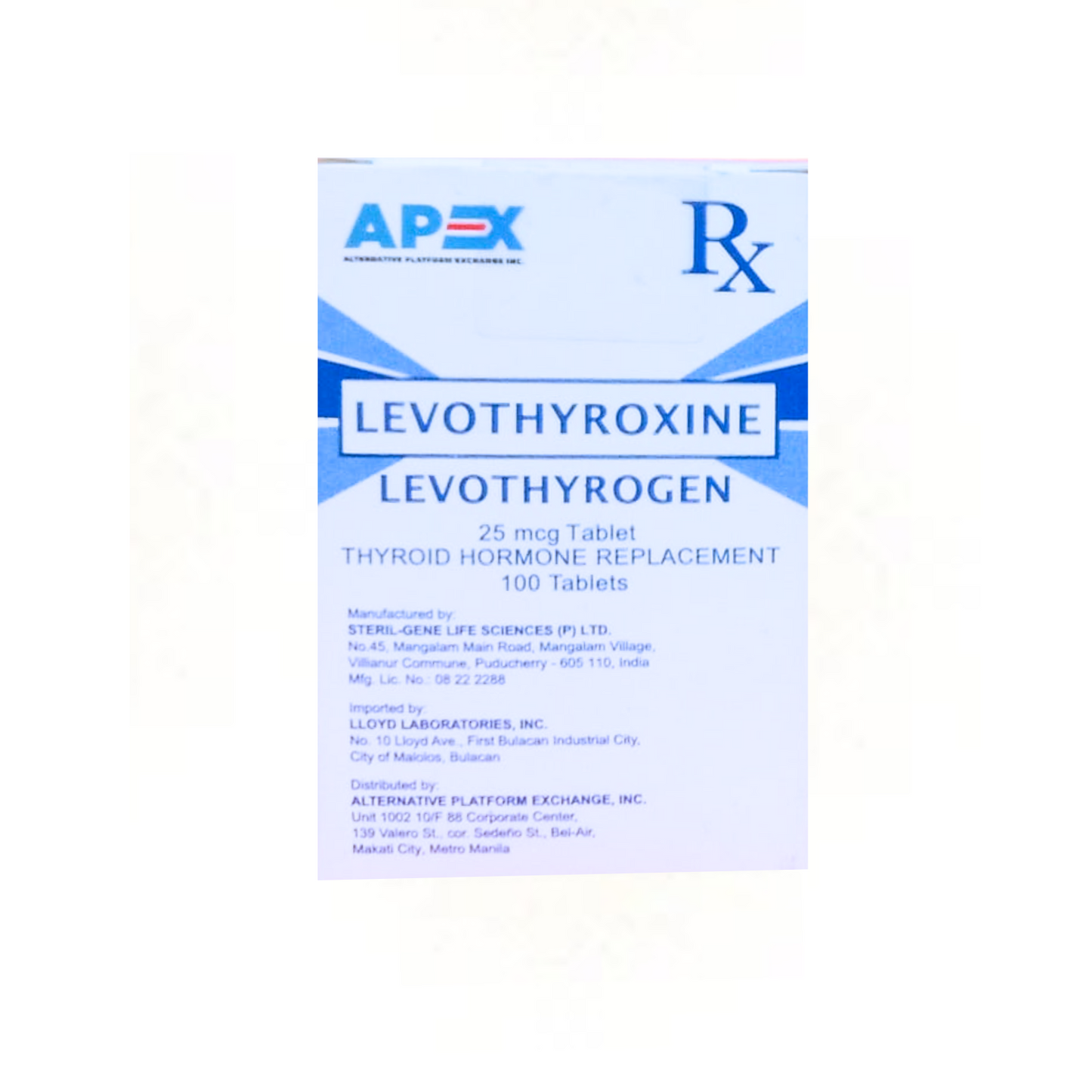 Levothyroxine 25 mcg Tablet Bottle of 100’s