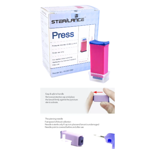 Safety Lancet Press Type x 100’s, 50’s, 25’s,